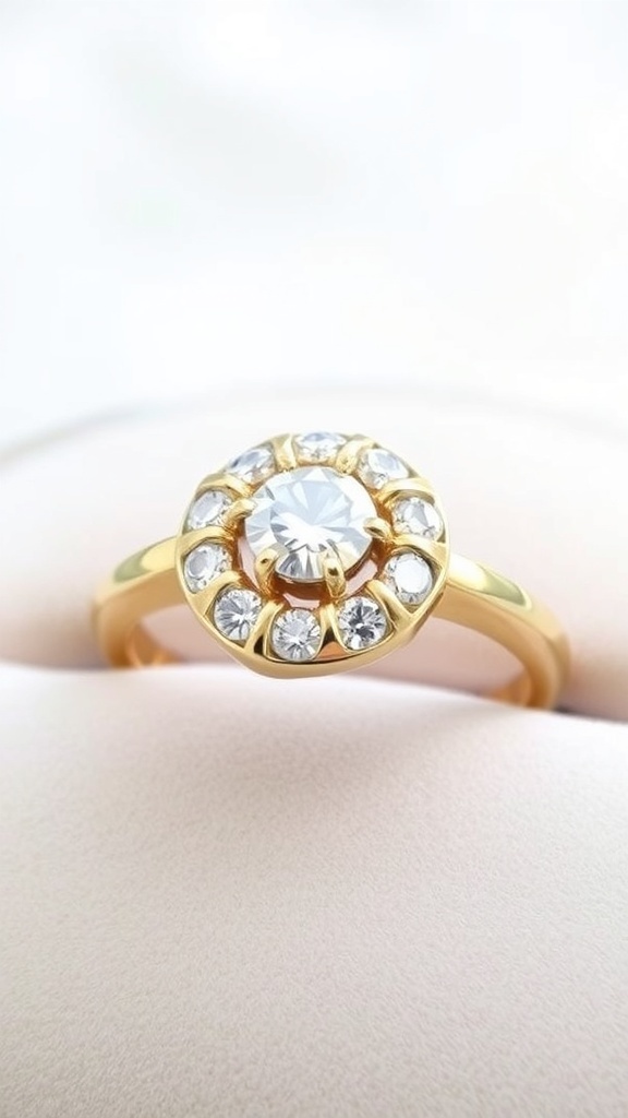 A donut-shaped engagement ring with a diamond center on a velvet surface.